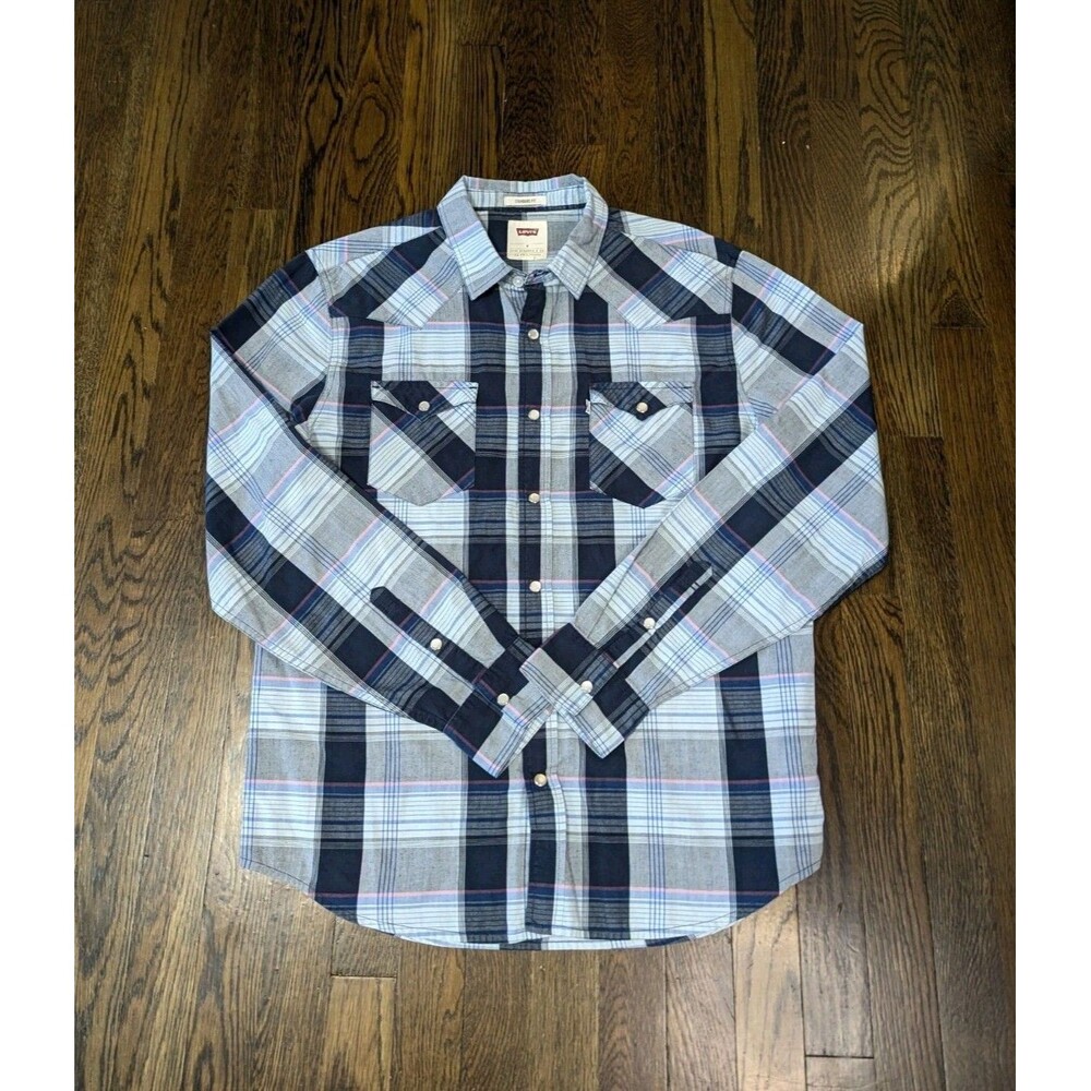 Levi's Pearl Snap Button Down Shirt Men's M Blue Pink Plaid Cowboy Western Rodeo